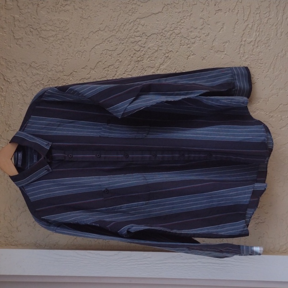 90s Banner Striped Blue Black Button Down Long Sleeve Shirt XL